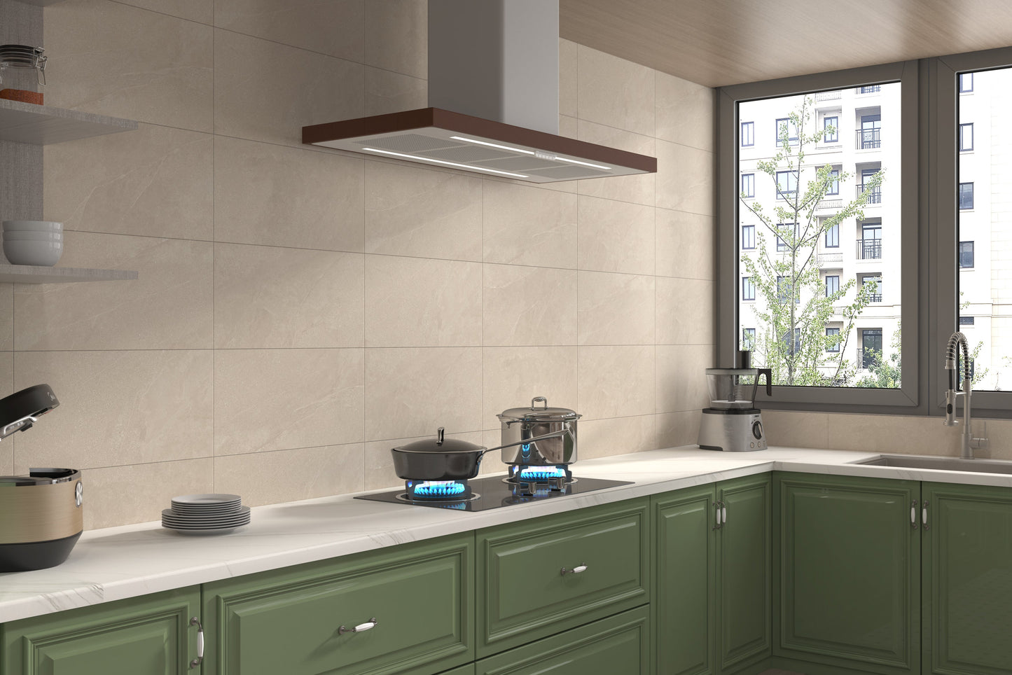 Modern kitchen with green cabinets, white countertops, and a window view.