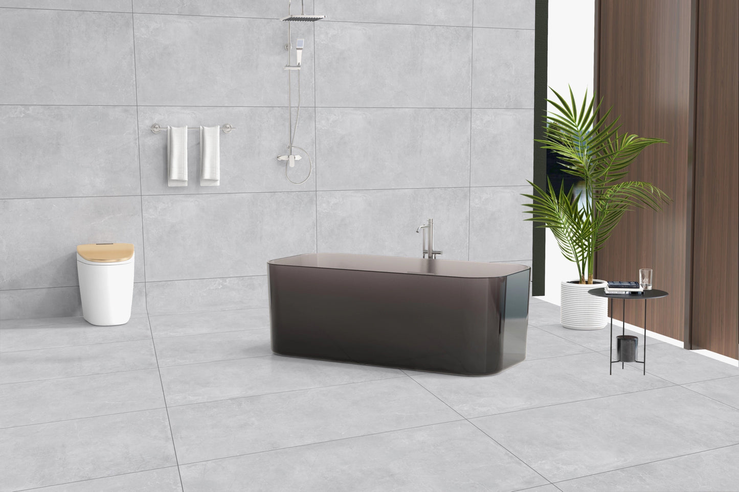 Modern bathroom with a freestanding bathtub, gray tiles, and a plant.
