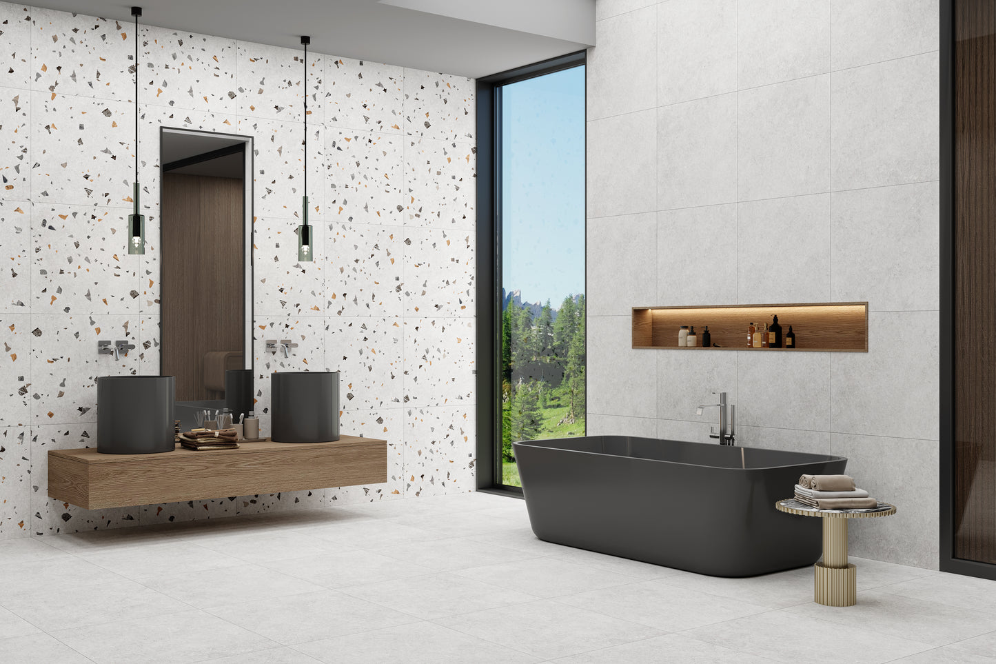 Modern bathroom with black freestanding bathtub, wooden vanity, and large window.