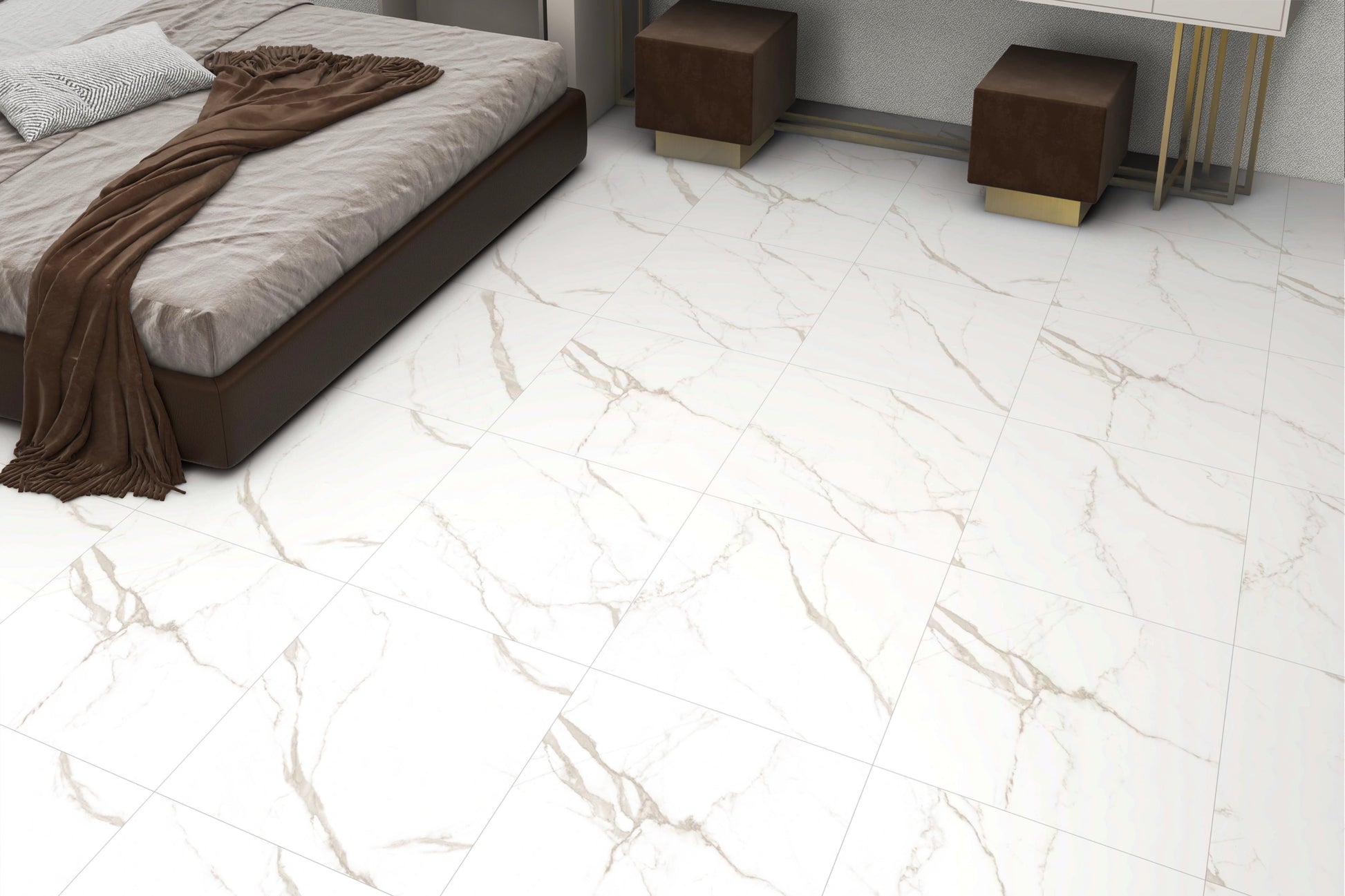 Bedroom with a bed and marble-like floor tiles